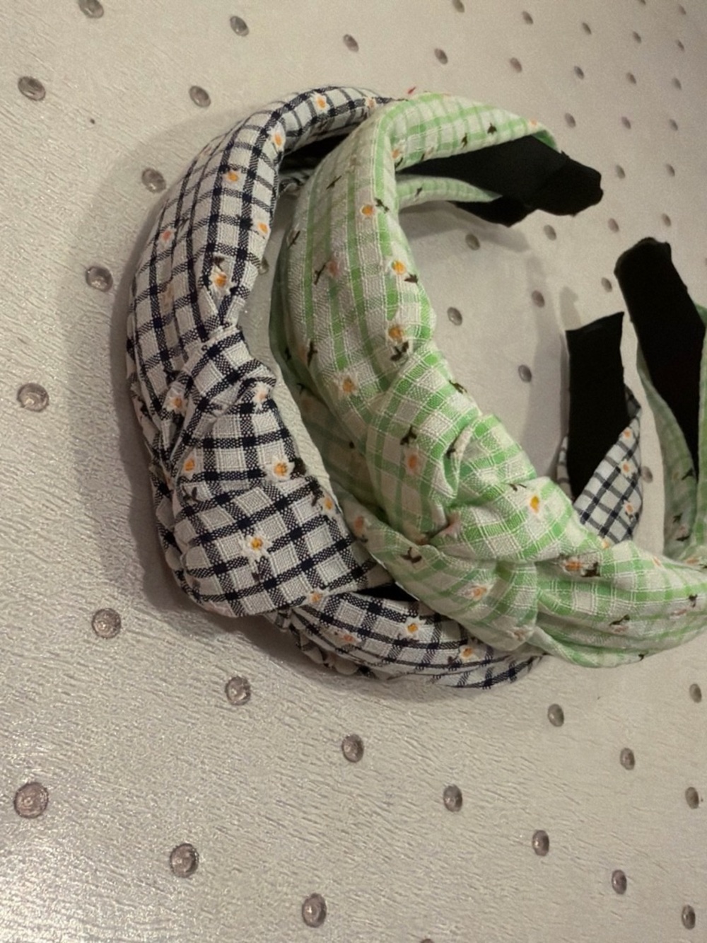 Women Plaid Flower Knotted Headband - Green and Navy